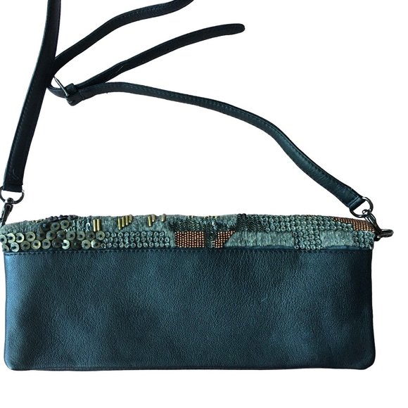 7 Chi Mixed Media Shoulder Bag Clutch Leather Beaded Embroidered Abstract Design - Picture 3 of 7